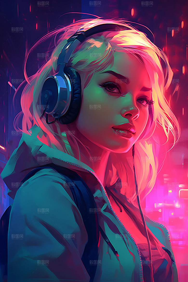 耳机少女数码少女卡通插画