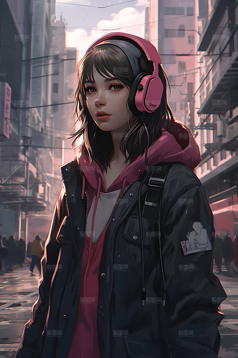 耳机少女听音乐时尚插画