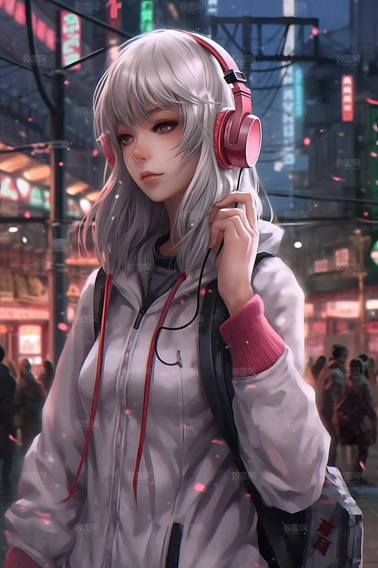 耳机少女听音乐时尚插画