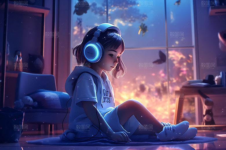 耳机少女数码少女听音乐模型
