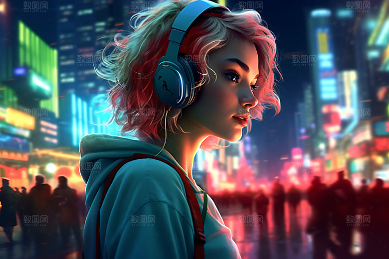 耳机少女数码少女听音乐模型