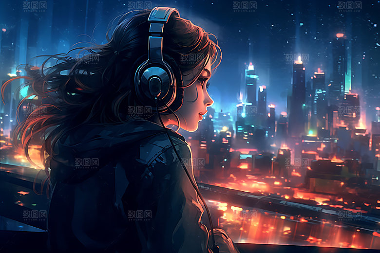耳机少女人物听音乐模型