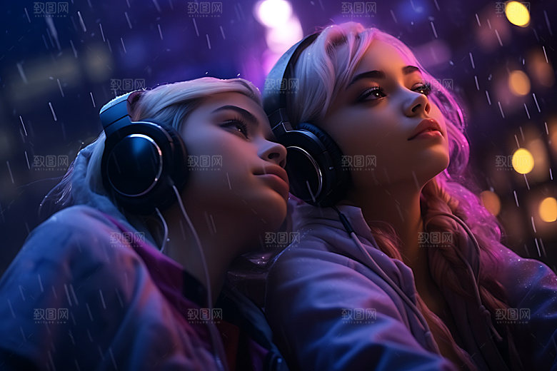 耳机少女听音乐人物模型