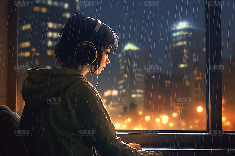 耳机少女时尚听音乐模型