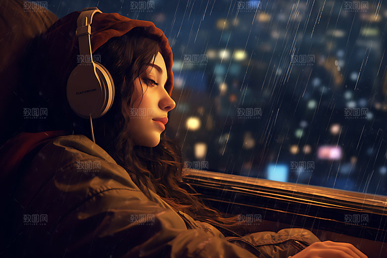 耳机少女听音乐人物模型