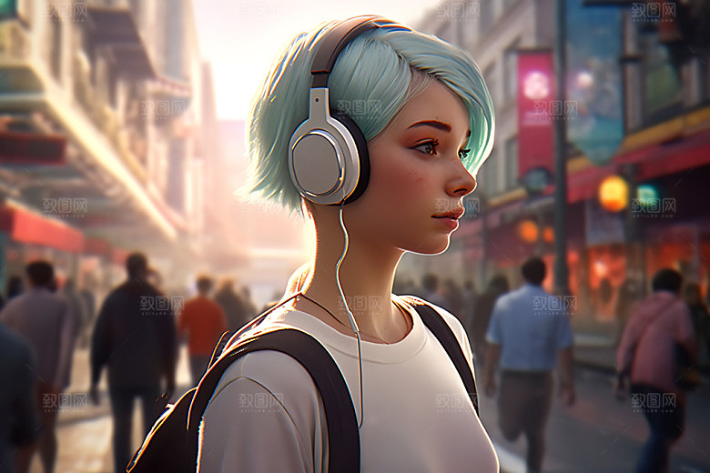 耳机少女数码少女听音乐模型