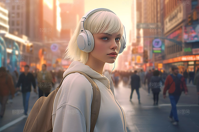 耳机少女人物听音乐模型