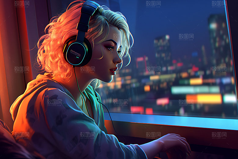 耳机少女听音乐人物模型