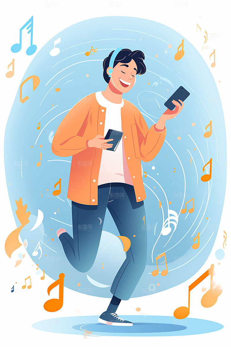 扁平化人物插画听音乐矢量元素