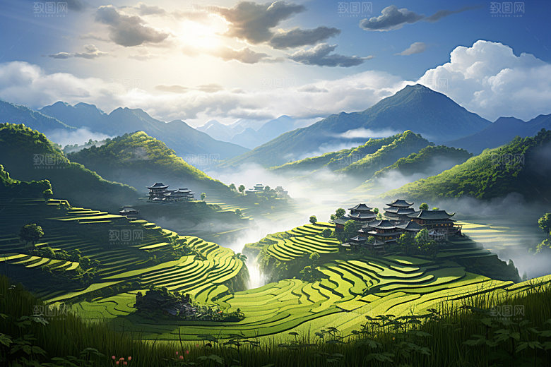 梯田稻田旅游摄影图