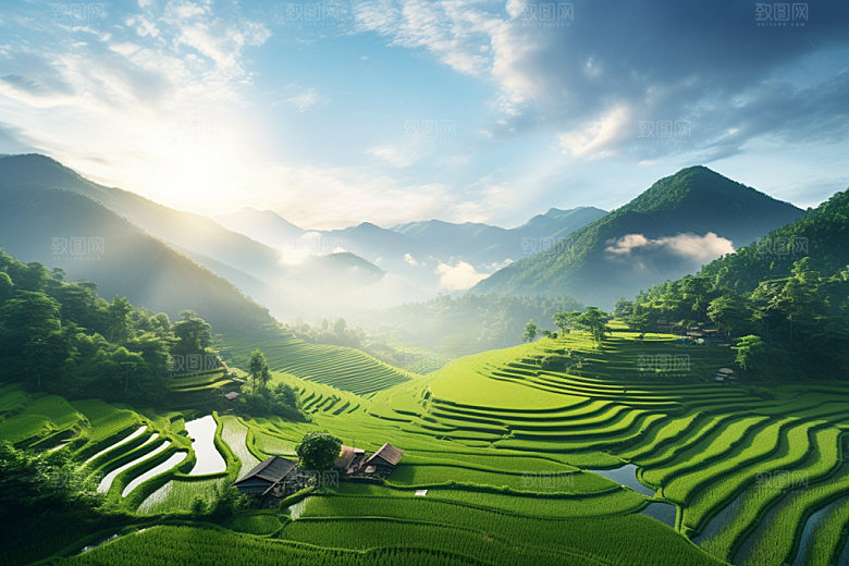 梯田山谷景点摄影图