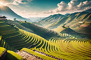 梯田耕种风景摄影图