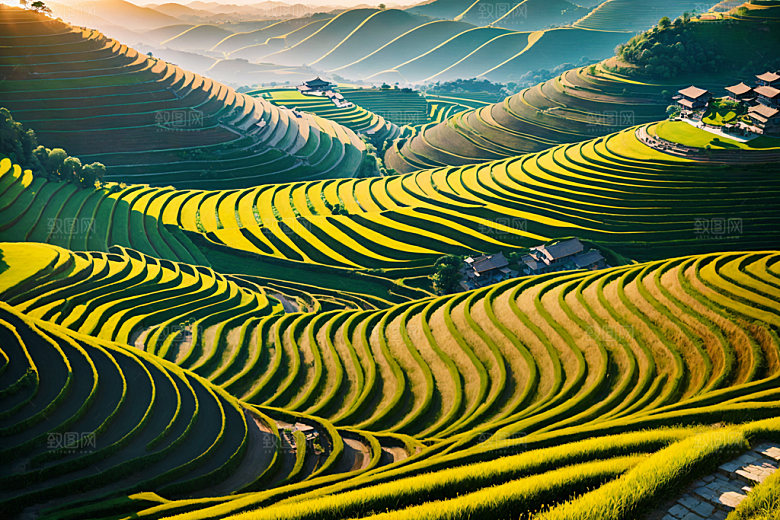 梯田耕种风景摄影图