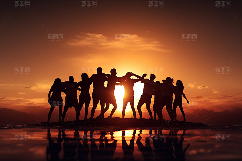 团队合作群策群力人物剪影摄影图
