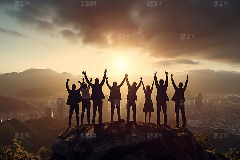 团队合作共赢人物剪影摄影图