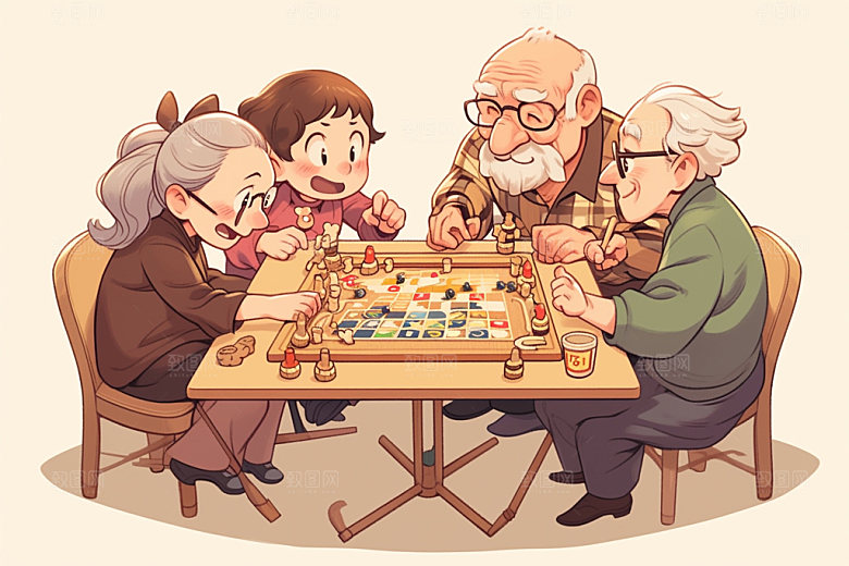 老年生活温馨手绘插画