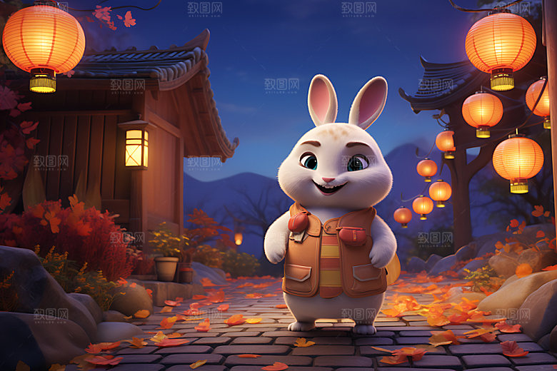 中秋节兔子可爱团圆插画