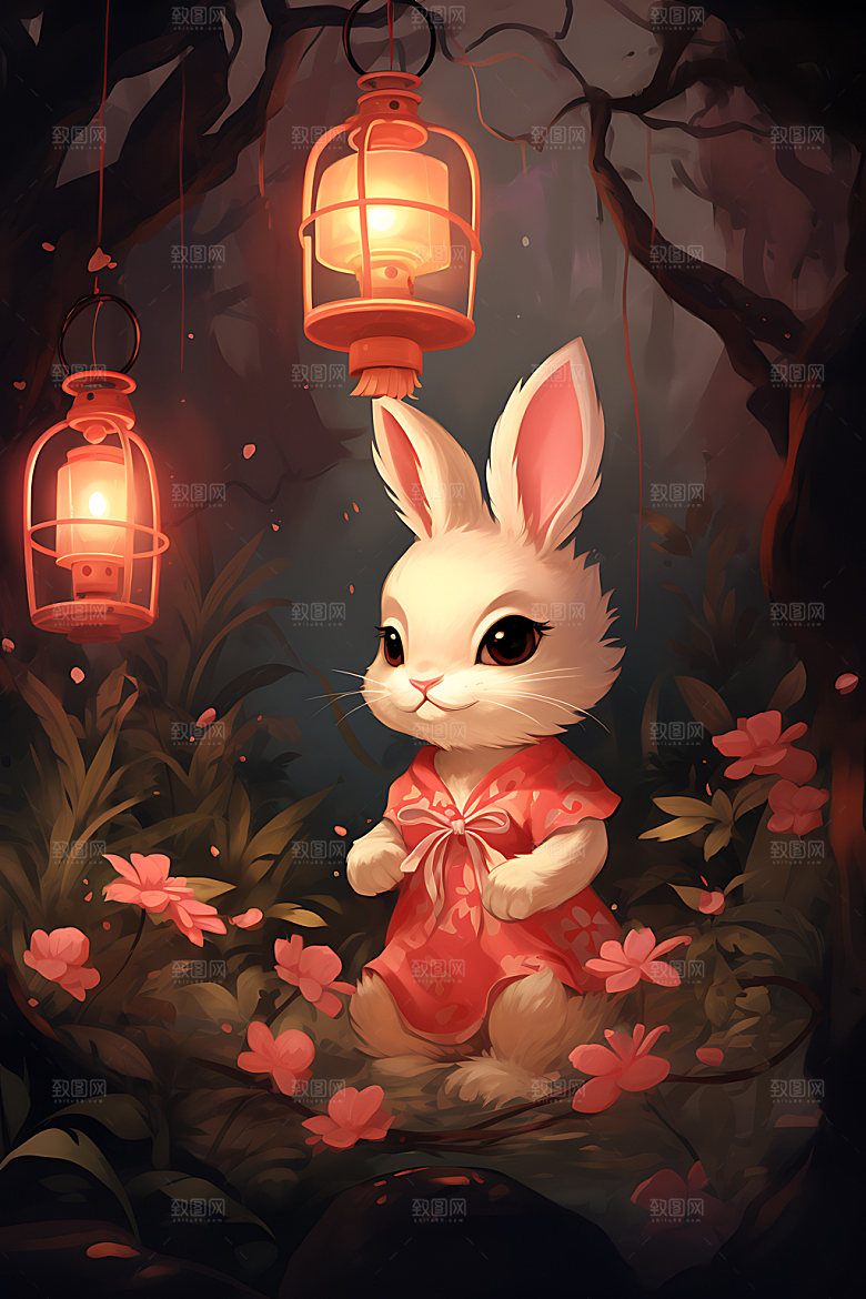 中秋节兔子中国风团圆插画