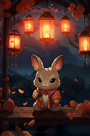 中秋节兔子中国风手绘插画