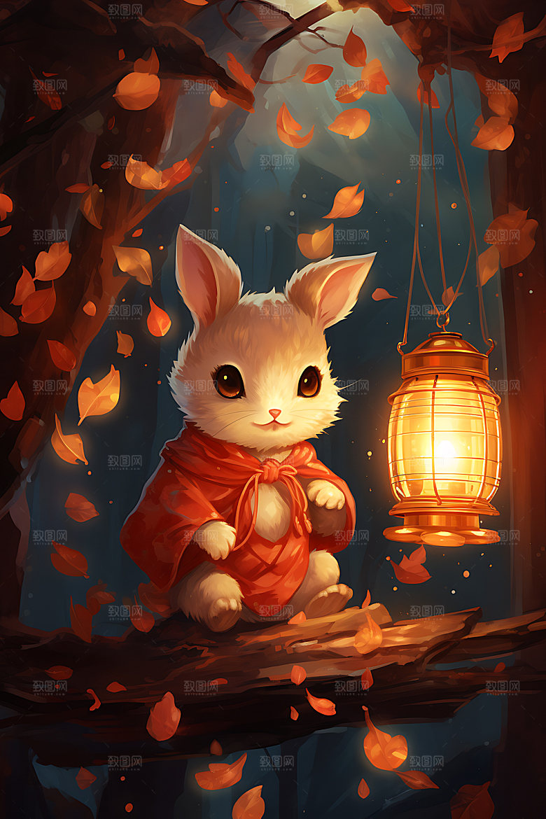 中秋节兔子团圆手绘插画