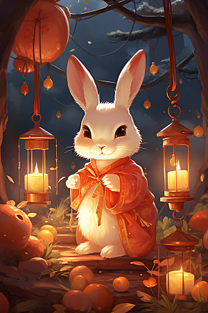 中秋节兔子团圆中国风插画