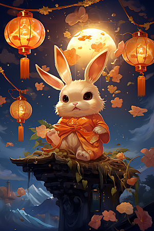 中秋节兔子传统文化手绘插画