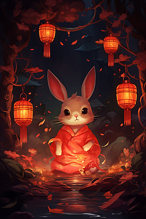 中秋节兔子团圆月圆插画