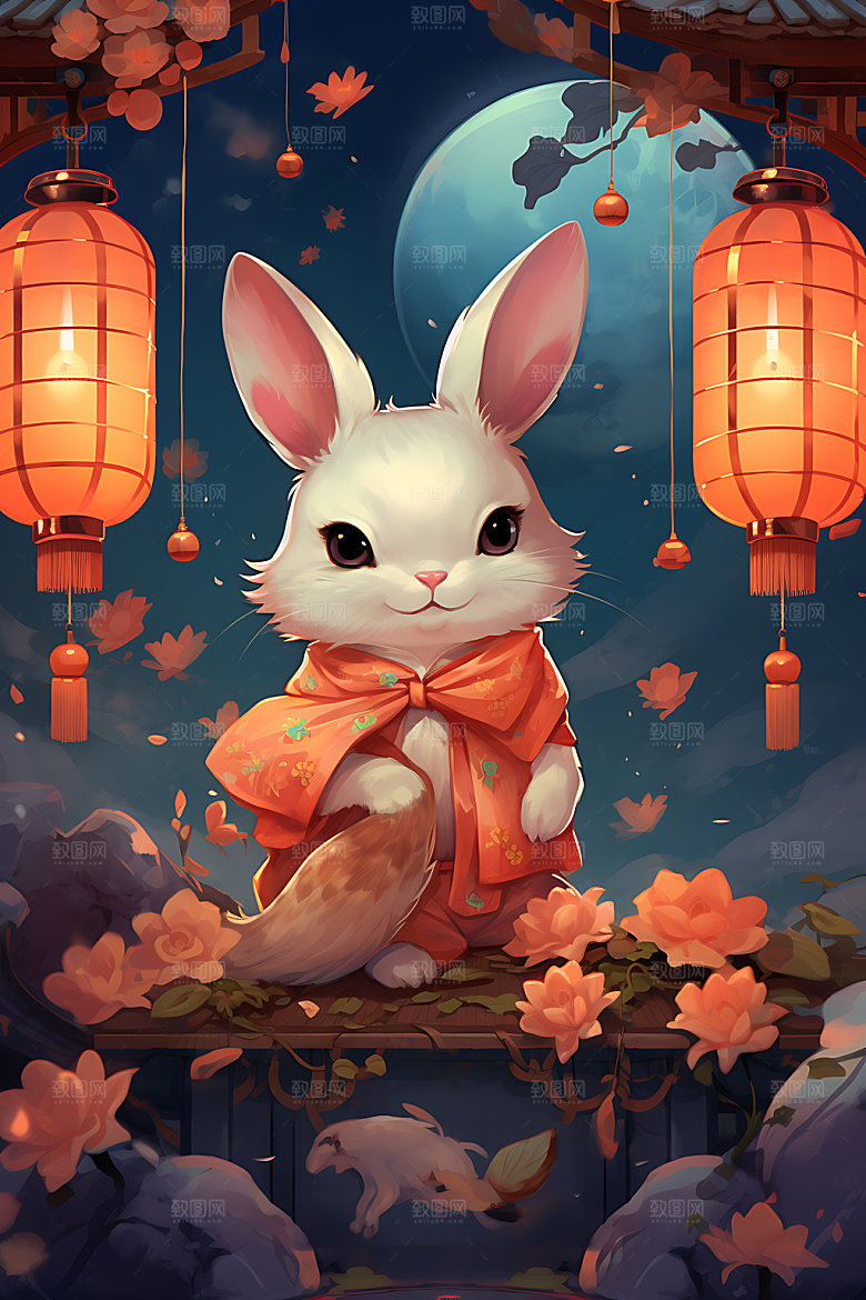 中秋节兔子月圆传统文化插画