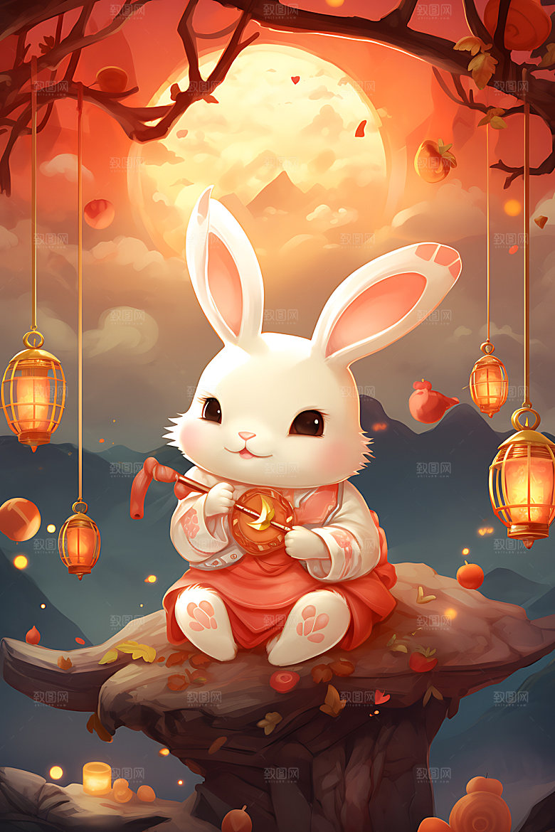 中秋节兔子手绘月圆插画