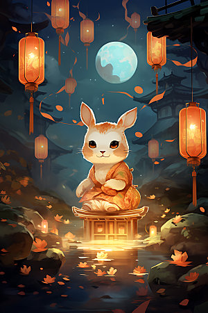 中秋节兔子中国风团圆插画