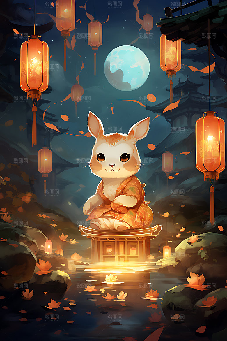 中秋节兔子中国风团圆插画