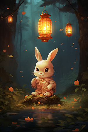 中秋节兔子中国风月圆插画