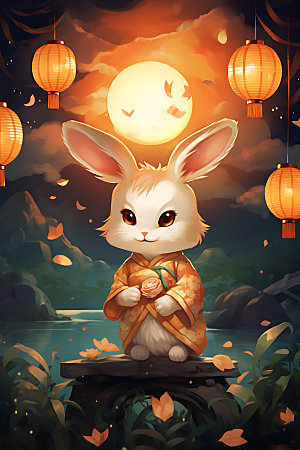 中秋节兔子中国风传统文化插画