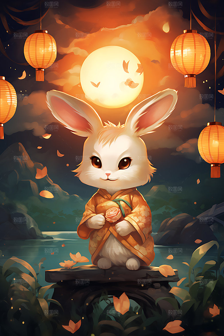 中秋节兔子中国风传统文化插画