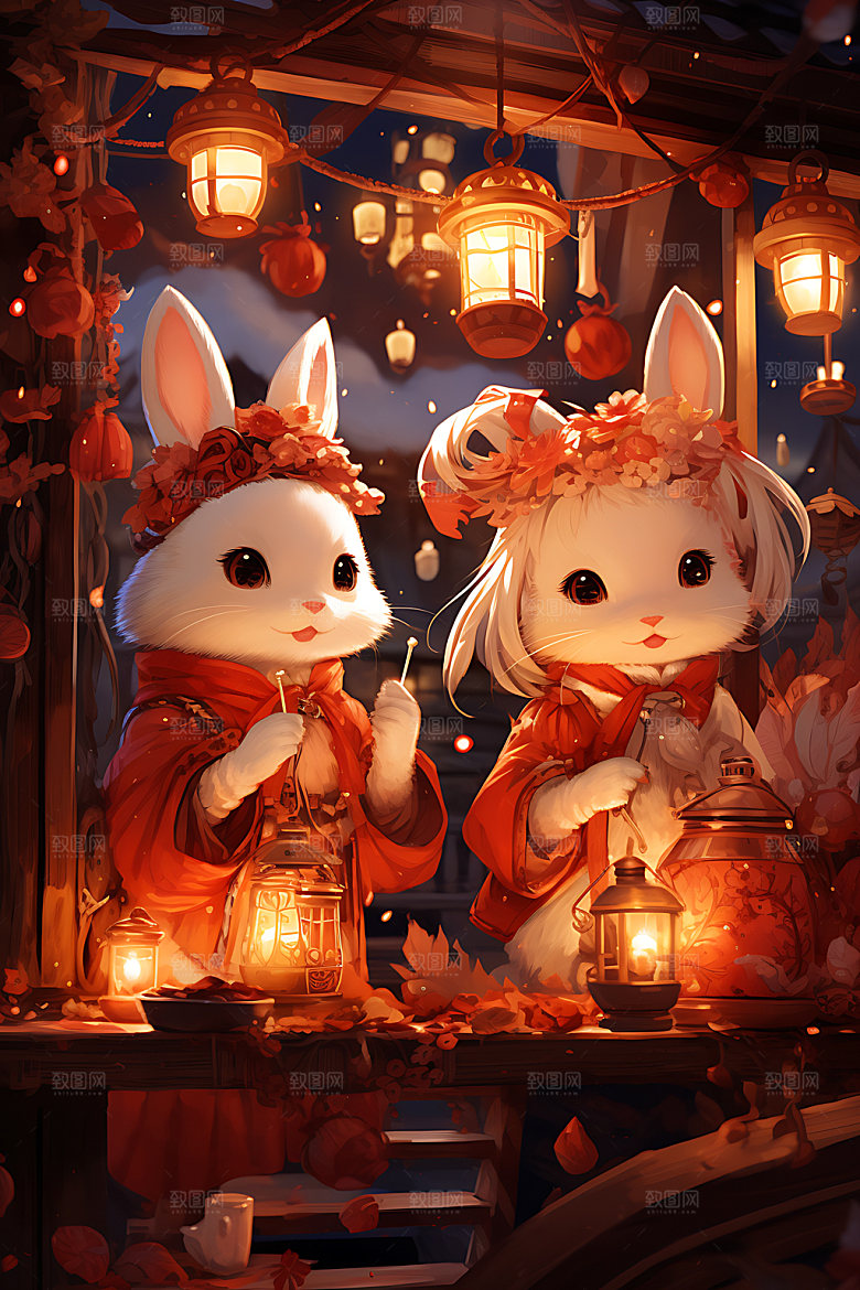 中秋节兔子卡通月圆插画