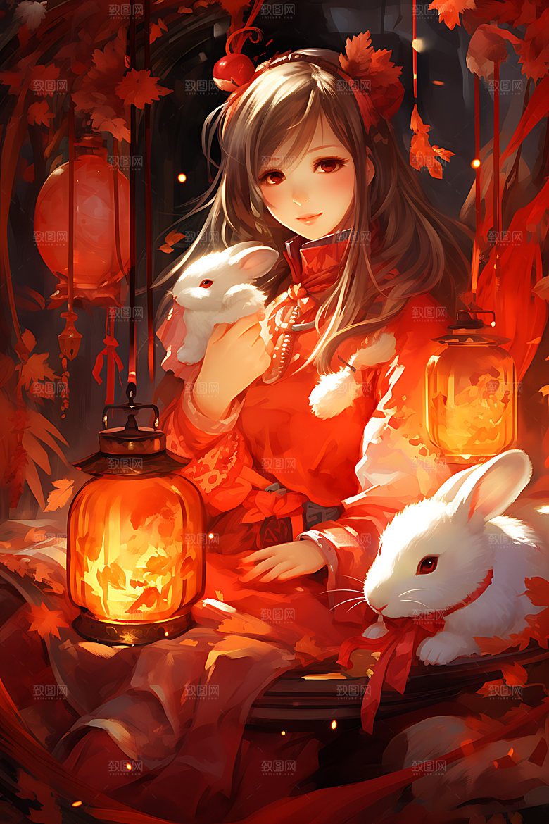 中秋节兔子月圆手绘插画