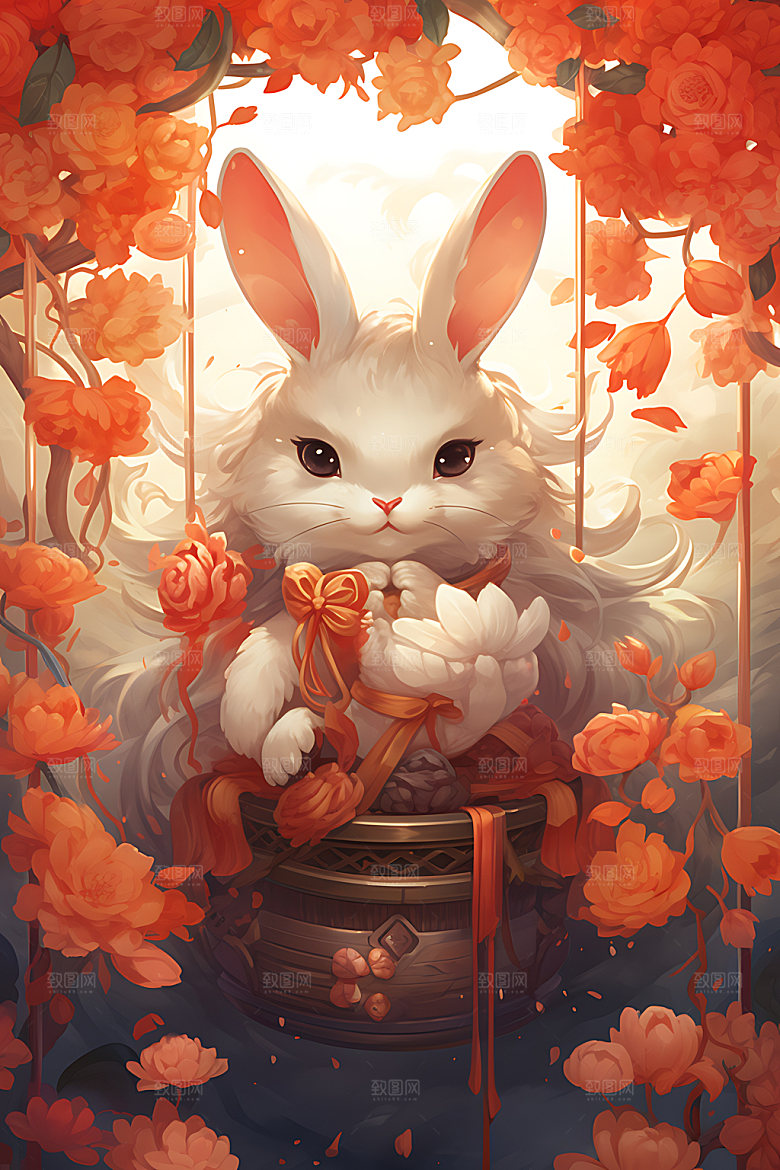 中秋节兔子卡通月圆插画