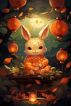 中秋节兔子可爱中国风插画