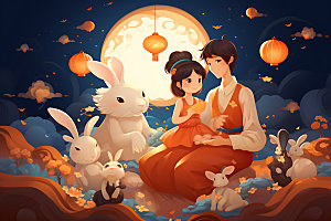 中秋节兔子月圆团圆插画