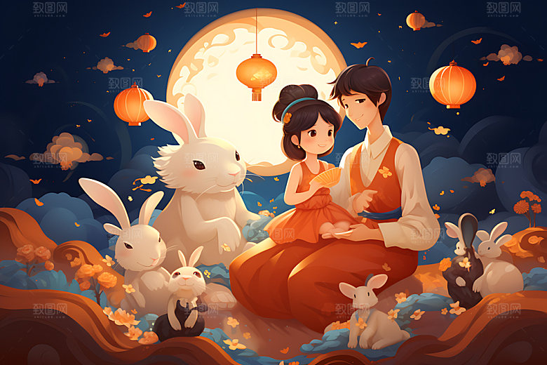 中秋节兔子月圆团圆插画