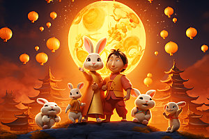 中秋节兔子可爱传统文化插画
