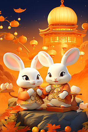 中秋节兔子传统文化月圆插画
