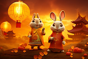 中秋节兔子中国风可爱插画