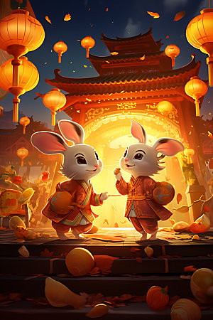 中秋节兔子中国风月圆插画