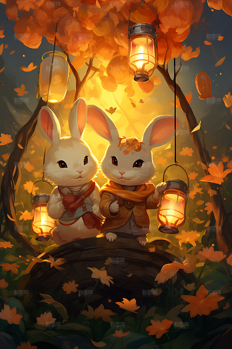 中秋节兔子喜庆团圆插画