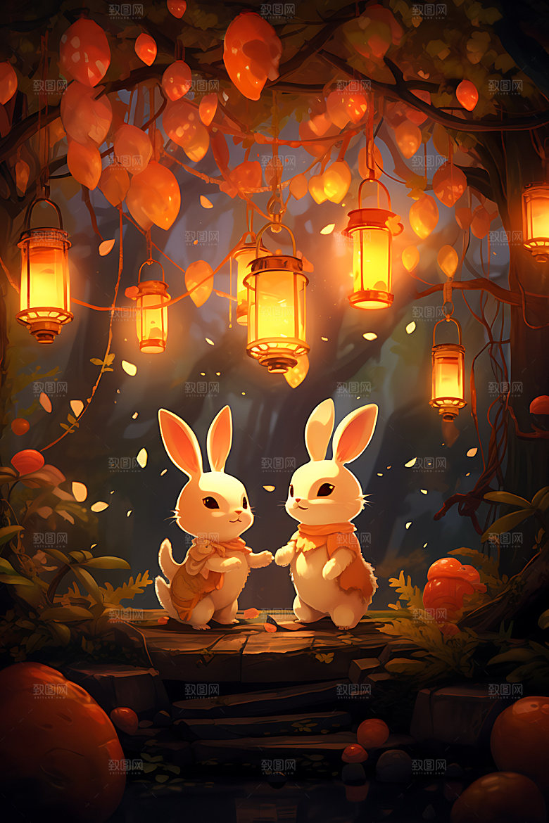 中秋节兔子团圆手绘插画