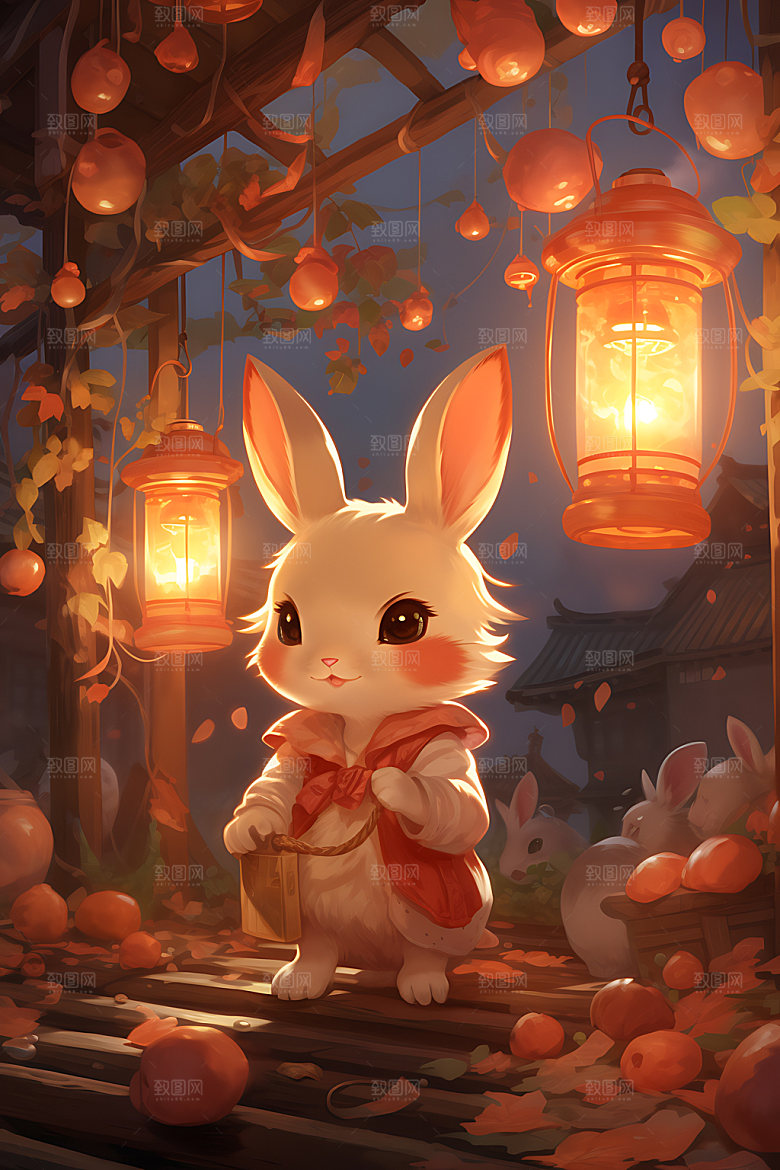中秋节兔子中国风可爱插画