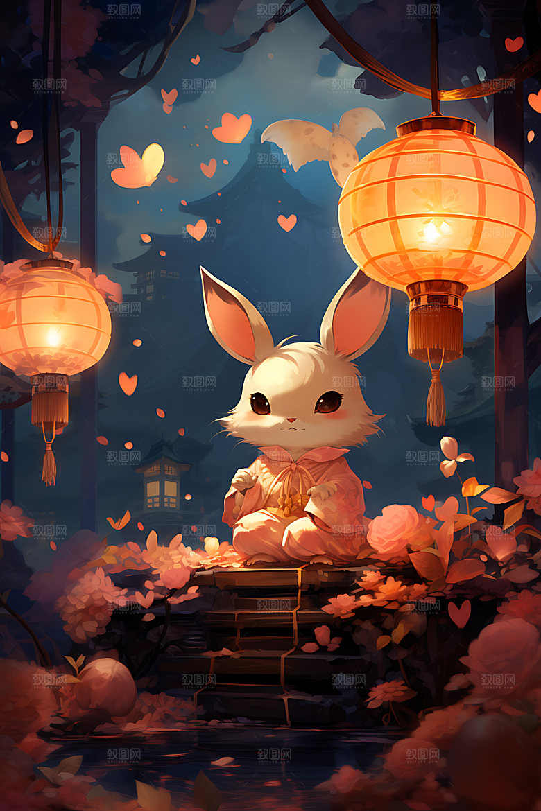中秋节兔子手绘团圆插画