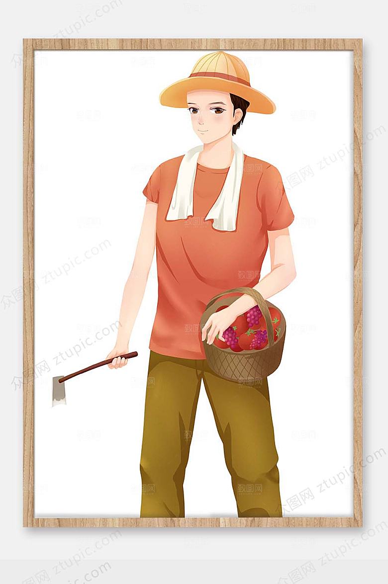 手绘农民摘草莓劳动节人物插画