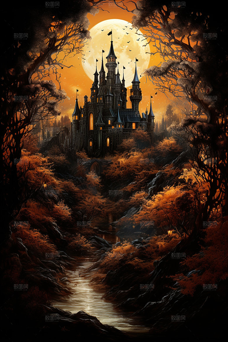 万圣节恶魔建筑城堡插画